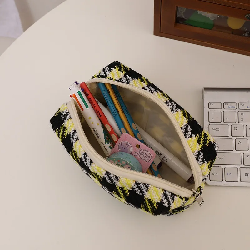 Kawaii Canvas Plaid Travel Cosmetic Lipstick Storage Bag Cute Women Makeup Kits Handbags Organizer Wallet Pencil Cases Pouch Bag