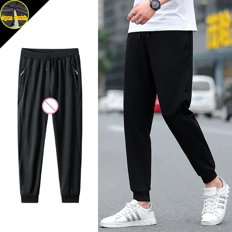 7XL Men Open Crotch Pants with Hidden Zippers Sweatpants Camouflage Warm Keep Invisible Zipper Outdoor Sex Easy Crotchless Pants