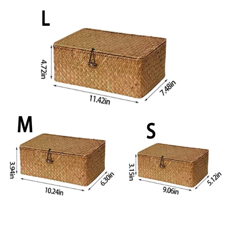 Cestini per scaffali con coperchio Set di 3 scatole portaoggetti in alghe intrecciate a mano cestino in vimini organizzatore per trucco da tavolo