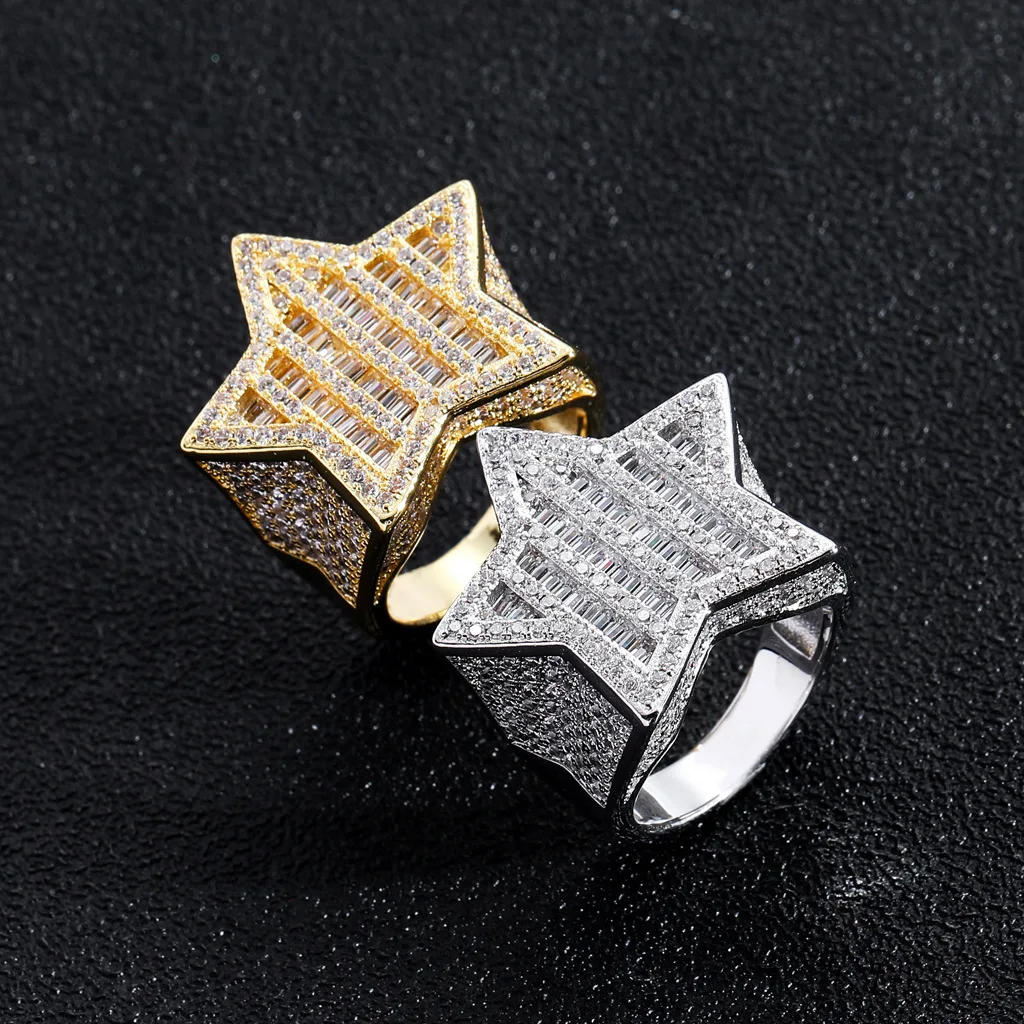 

Hip Hop Men's Ring Personalized Cool Full Diamond Five Point Star Ring Real Gold Electroplated Star Zircon Ring