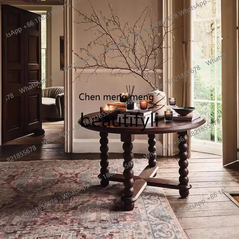 B178 French old solid wood round dining table American retro Roman column living room tea table