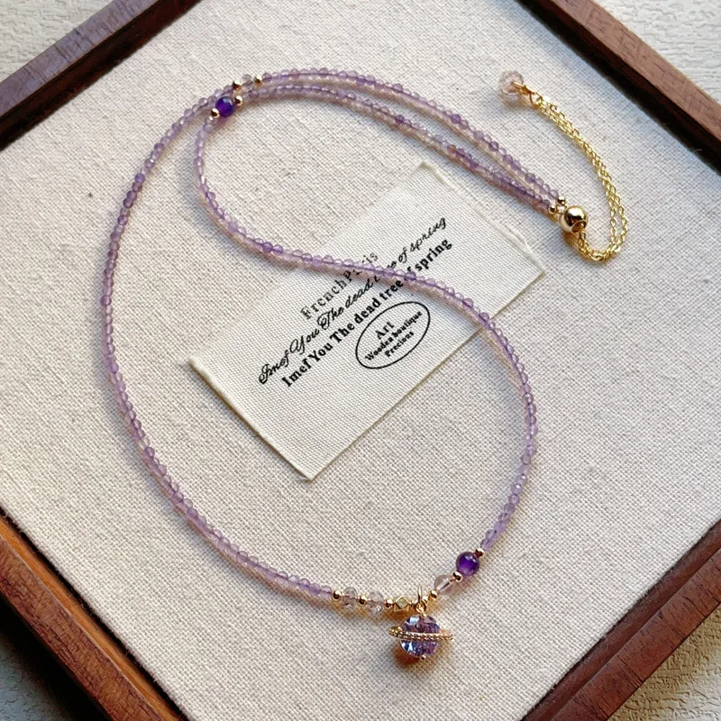 Natural Cut Amethyst Crystal Planet Pendant Original Three Loop Bracelet Convertible Necklace Dual Use Lucky Fortune Blessing
