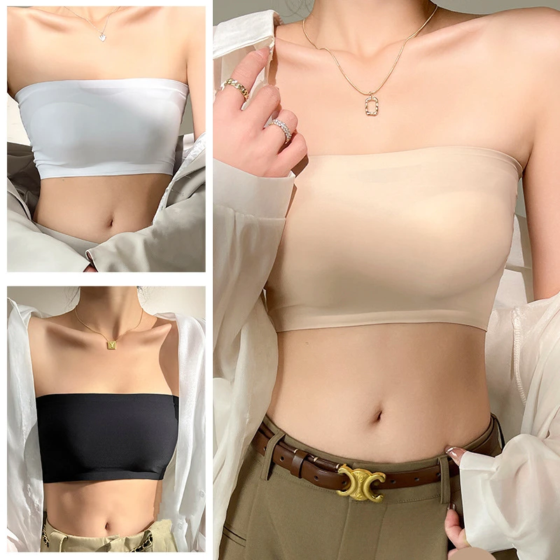 Seamless One-Piece Tube Tops Women Removable Pads Non-Slip Underwear Ice Silk Bra Strapless Crop Top Female Lingerie Invisible