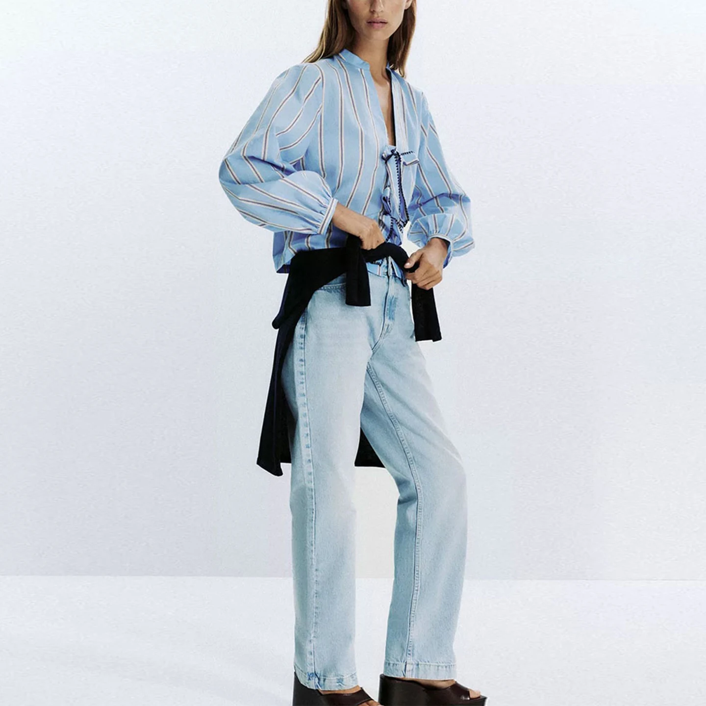 Femmes longues Sve rayé irt avec noeud décorations automne 2025 nouveauté Z européen Sle Faion