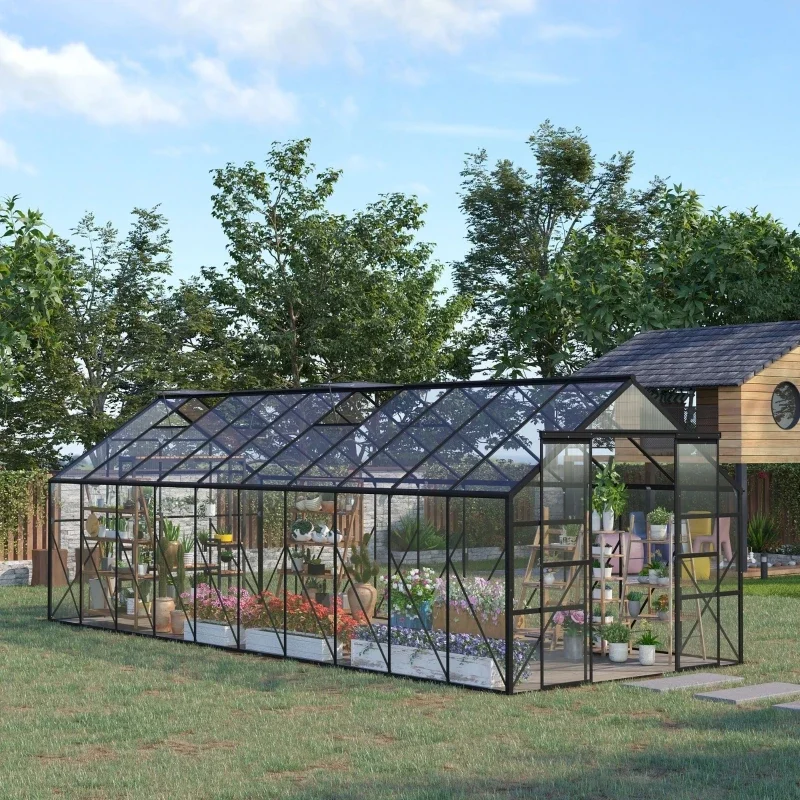 Simple 20' X 8' /16' X 8'Aluminum Greenhouse With Adjustable Roof Vent, Rain Gutter And Sliding Door For Winter, Clear