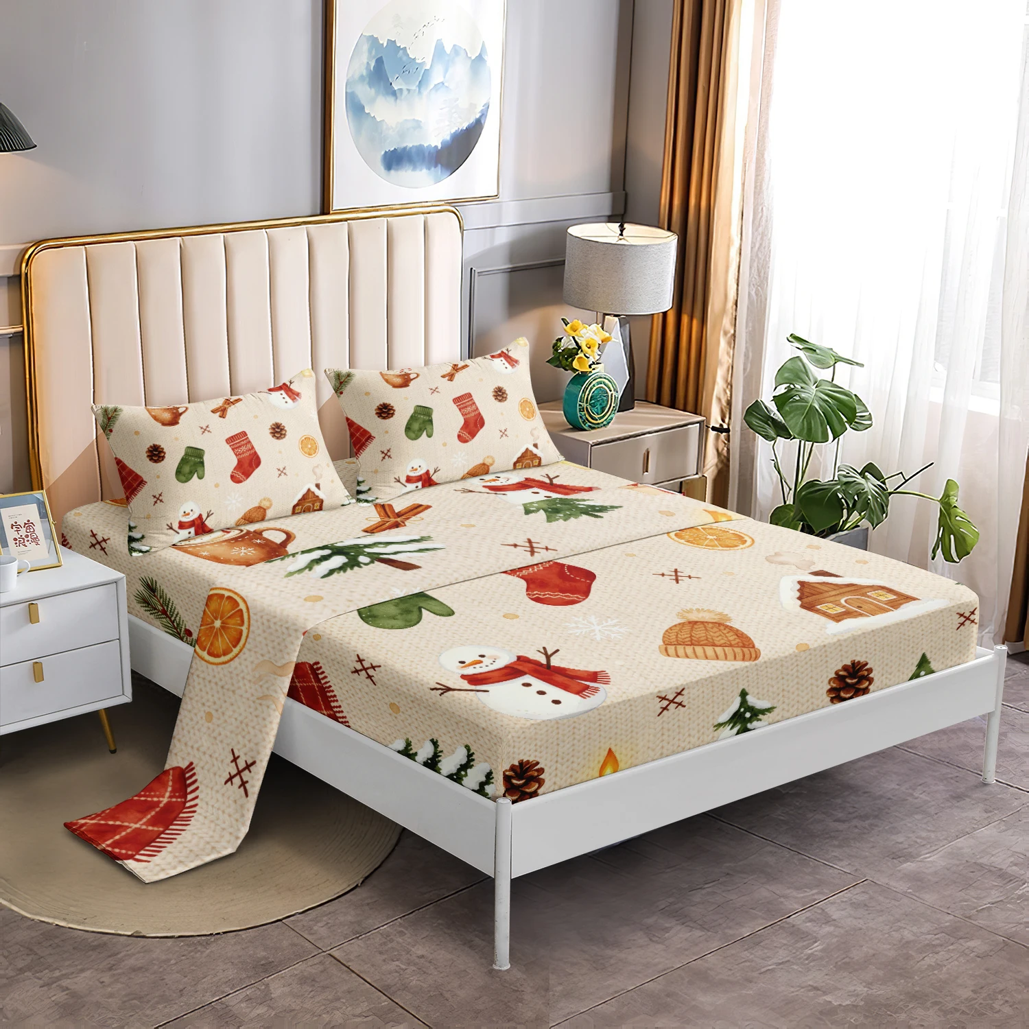 4Pcs Rustic Christmas Bedding Set, Retro Snowman Xmas Stocking Pine Cone Winter Elements Print Flat Sheet Fitted Sheet