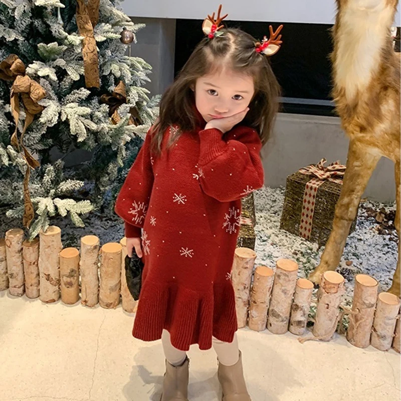 2024 Autumn Winter Children Clothes Girls Long-sleeved Red Knit Dress Baby Kids Snowflake Warming Thicken Dress Christmas Wear