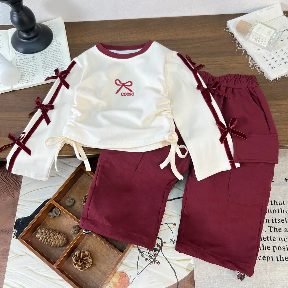 

2025 Autumn New Girls Casual Clothes Set Children Tracksuit Baby Girl Bow Tops + Cargo Pants 2pcs Suit Kids Toddler Outfits