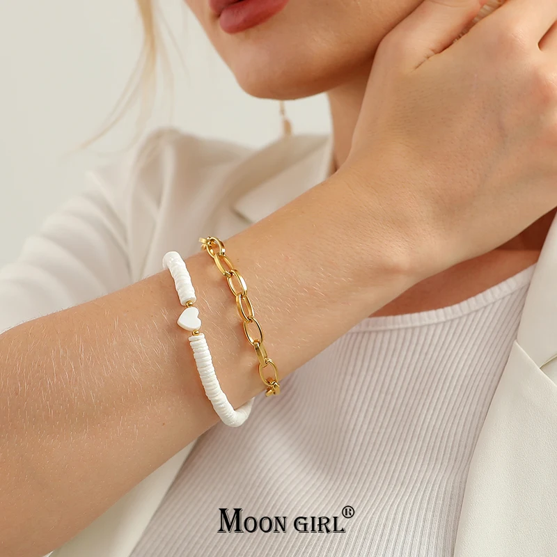 Mother of Pearl Heart Bracelet for Women Gold Color Stainless Steel Double Layers Charm Wrist Pulseras Femme MOON GIRL Design