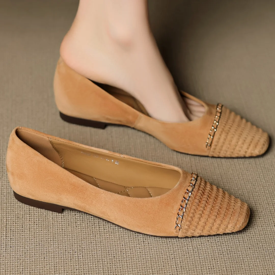 

Женские балетки без шнуровки из натуральной замши с квадратным носком и цепочкой, высококачественная мягкая удобная элегантная женская обувь