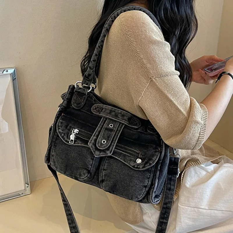 Retro Black Washed Denim Handbag Women Multi Pocket Casual Shoulder Crossbody Purse, Removable Wide Strap Street Style Bag