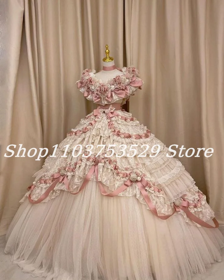 Ivory Pink Cute Victorian Lolita Prom Dresses Luxury Bowknot Rosette Scarlett Fluffy Lace Evening Cosplay Customised 2025