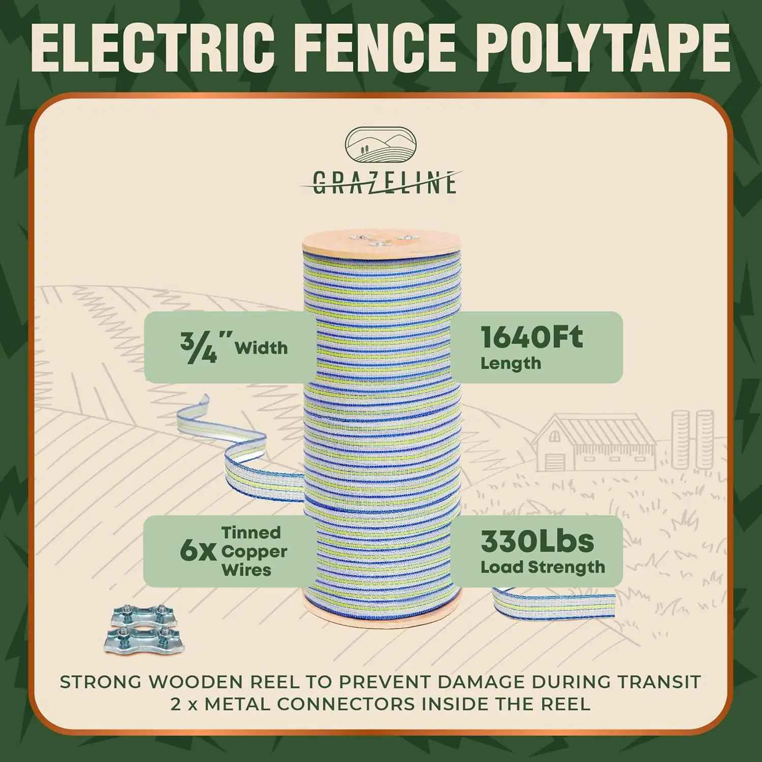 Livestock Fencing, Polytape with Tinned Copper Wire, High Visibility, 3/4