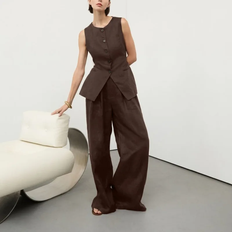 

Элегантный женский льняной комплект из двух предметов Y2K, офисная женская одежда, однобортный жилет без рукавов, рубашка, широкие брюки, комплект брюк, костюм