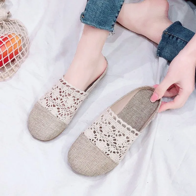 Kobiety Mesh Toe Half Slippers Summer New Fashion Flip Flops Slingback Linen Lace Hollow Wygodne białe kapcie dla kobiet