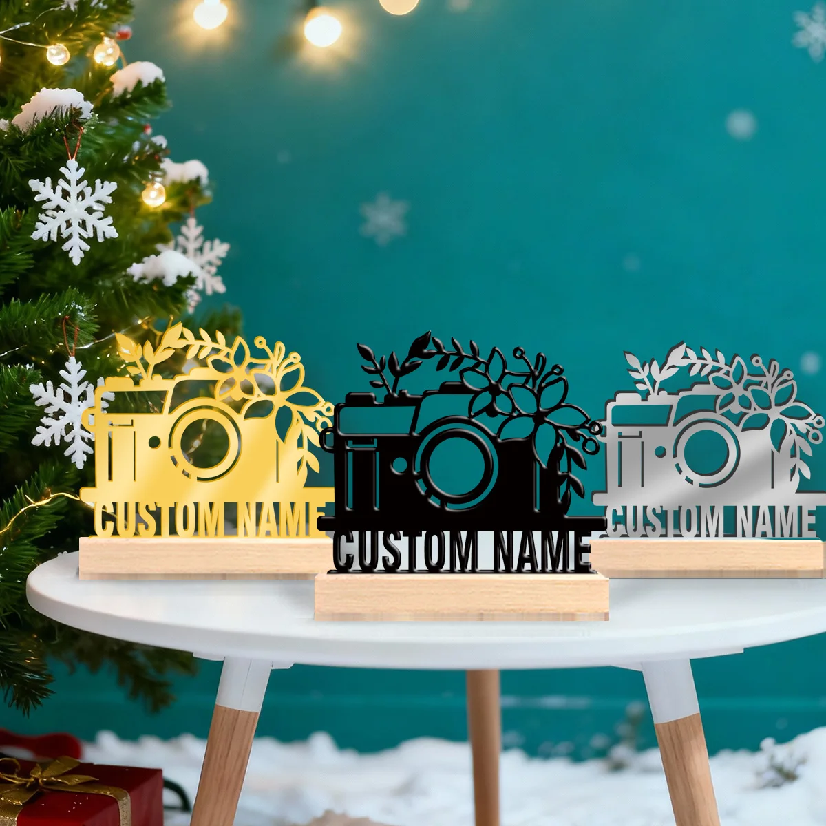1pc Customized Minimalist Metal Ornaments Customizable Name Equipped with A Wooden Base Holiday Gifts for Family and Friends