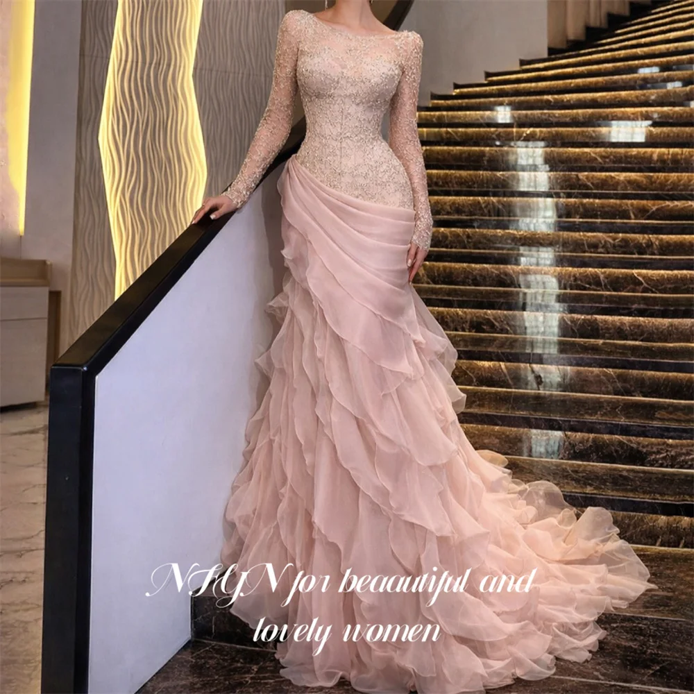 NFYN Pink Prom Dress Off the Shoulder Long Sleeve Celebrity Dress Mermaid Women's Evening Dresses Layered Formal Gown Customized