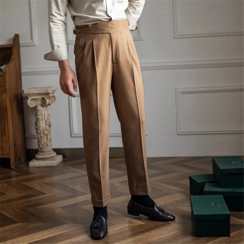 2026 New Men Suit Trousers Spring Autumn Trendy Belt High Waist Pants Male Business Office Pleated Straight Pants Streetwear