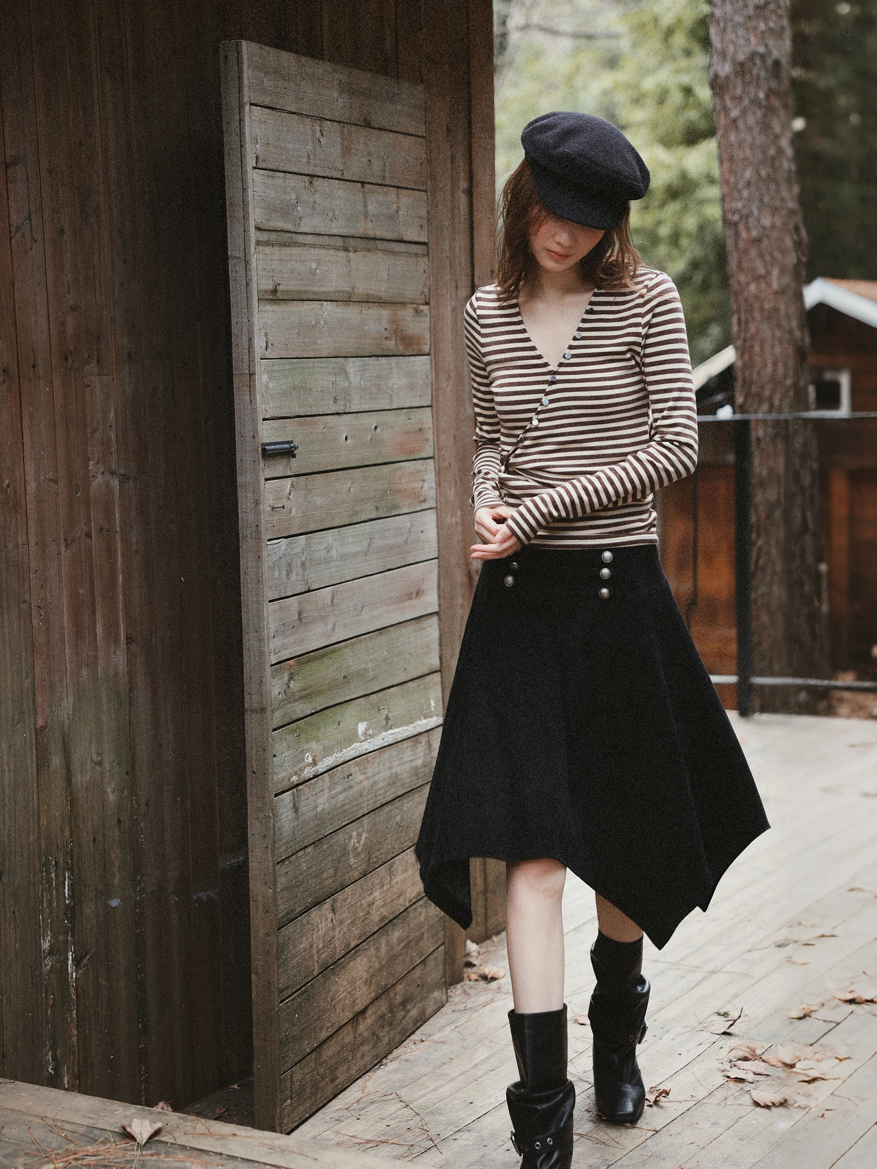 MUNNS RUIXI High Waist Asymmetrical Black Midi Skirt Retro Double Button Umbrella Hemline mid Elasticity Polyester Blend