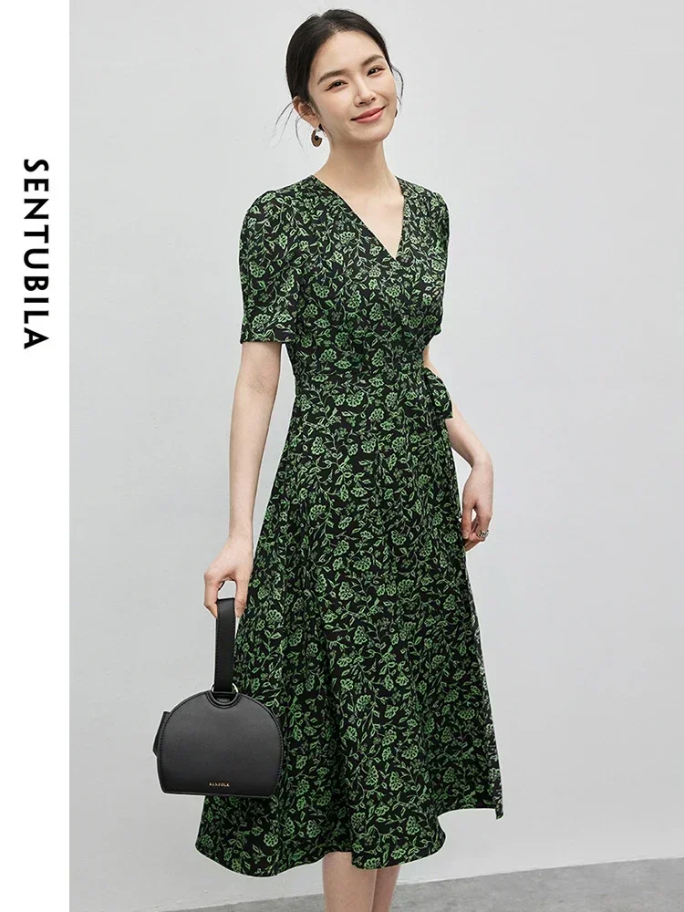 

SENTUBILA V-neck Floral Chiffon Midi Dress For Women 2025 Vintage Printed Short Sleeve Tie Belt Wrap Summer Dresses 142L55134