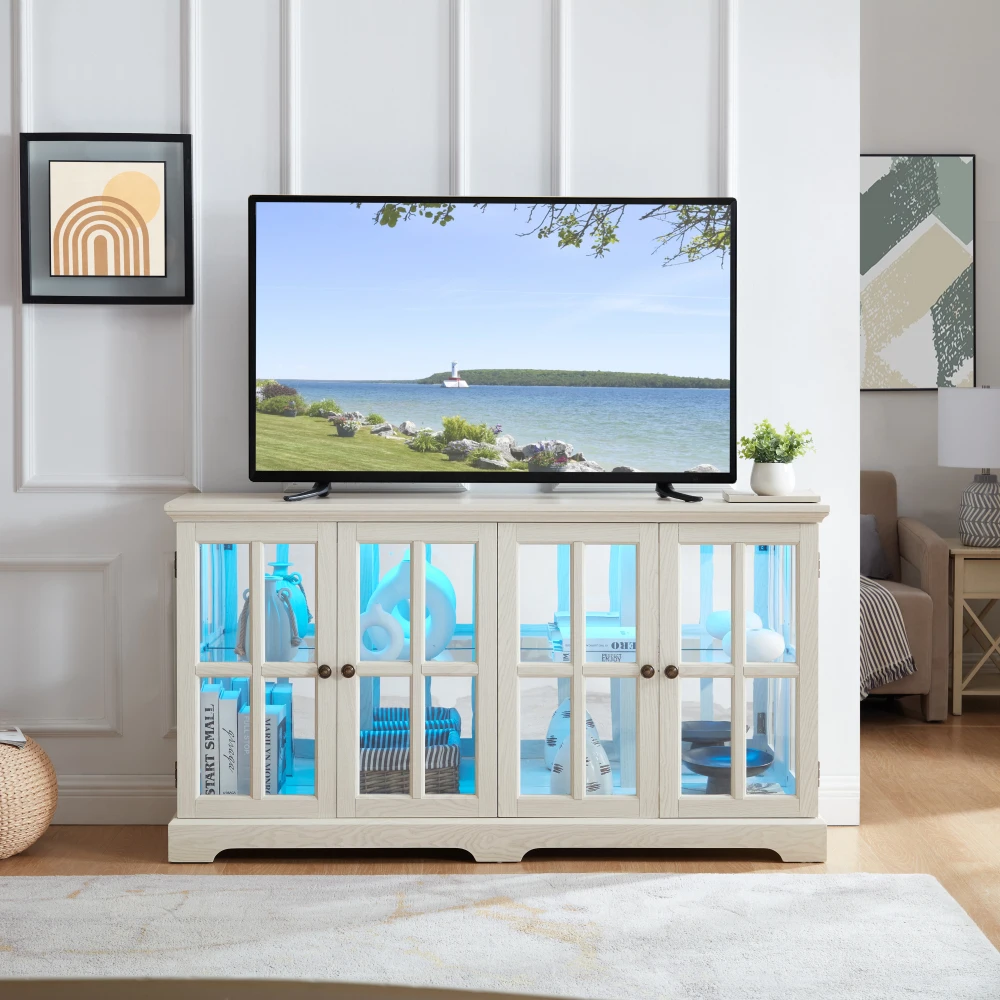 LED Curio Display Cabinet Vintage Showcase with Glass Doors Adjustable Shelves for Home Office Four Door Design