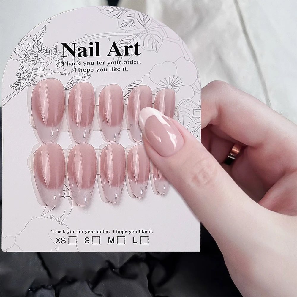 24pcs Pink White French Press on Nails Ice-Transparent Almond Nail Patches Simple Style Manicure Full Cover Detachable Nail Tips
