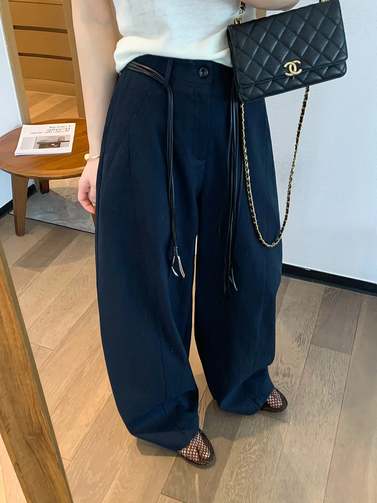 

Женские повседневные брюки свободного кроя с широкими штанинами, синие, с завязками на талии, весенняя новинка, с высокой талией, на пуговицах, прямые