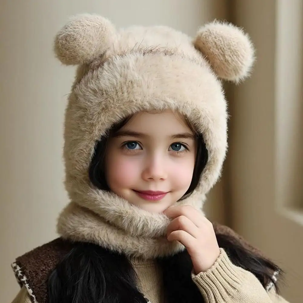Baby Fur Ball Hat Children Warm Knitted Hat Children's Woolen Knitted Hat with Face Guard Double Plush Ball Decor Windproof Ear