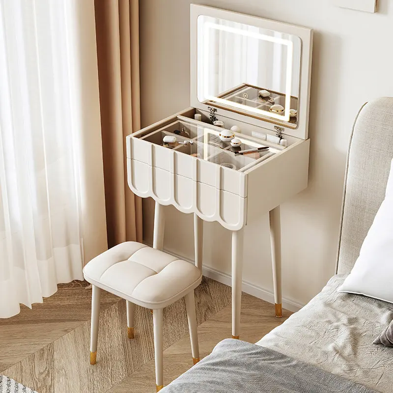 Small 50cm Compact Makeup Vanity Table,Cream Style Flip Lid,3 Color LED Mirror, High Compartment Storage,Visible Glass Organizer