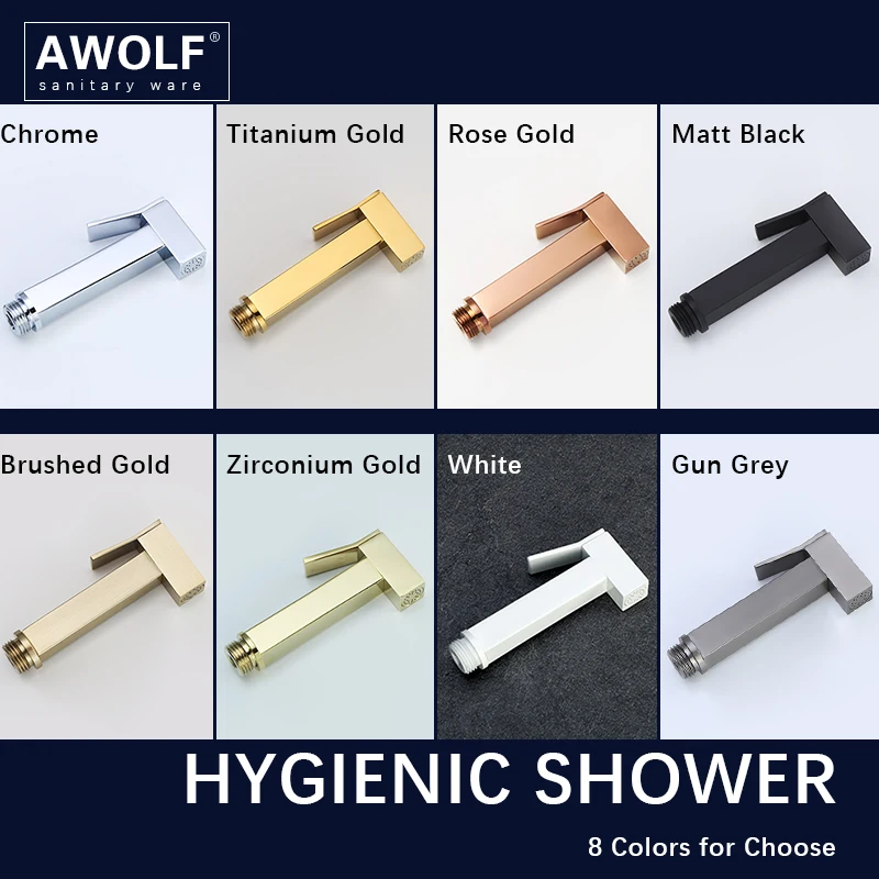 Awolf Titanium Gold Hygienic Shower Solid Brass Toilet Bidet Sprayer Set Square Shattaf Shower Head & Anal Shower System AP2108