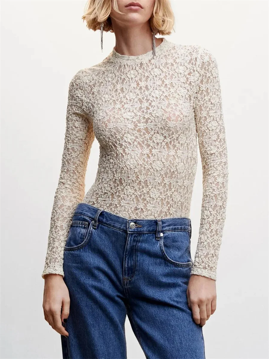 ผู้หญิงแขนยาวเสื้อยืด Semi-Sheer Floral Lace เสื้อลําลองฤดูใบไม้ผลิฤดูใบไม้ร่วง Fit Tops Streetwear