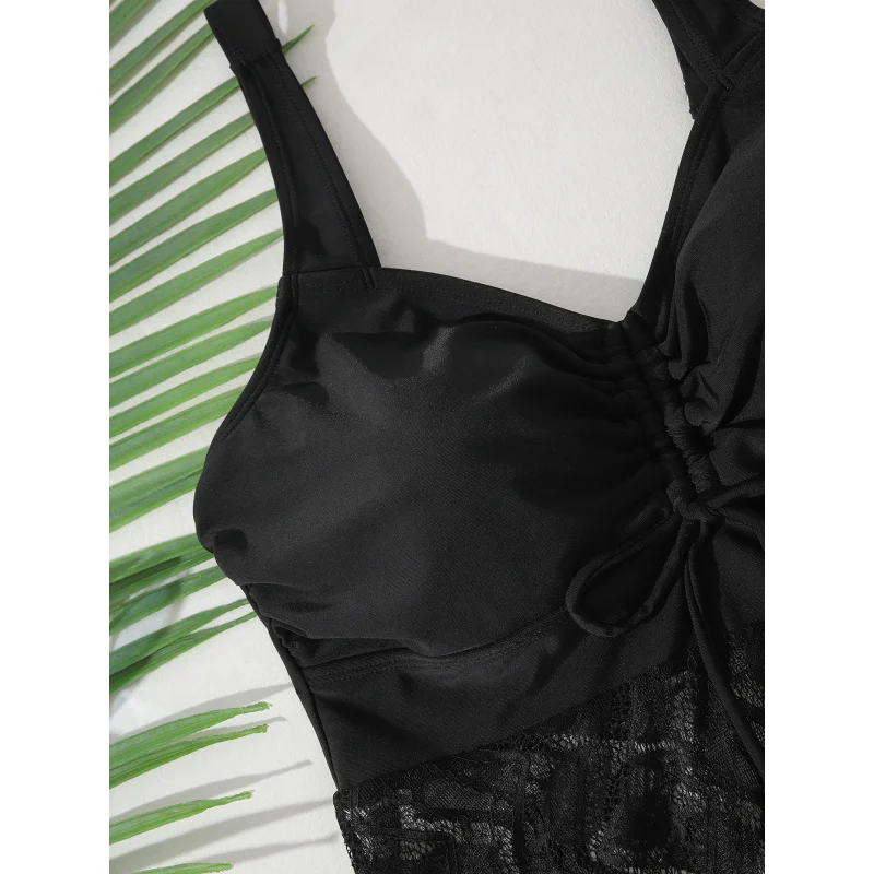 2025New Sexy Two-Piece High-Waisted Lace Swimsuit Set with Hollow Out and Solid ColorbikiniSwimsuit Set