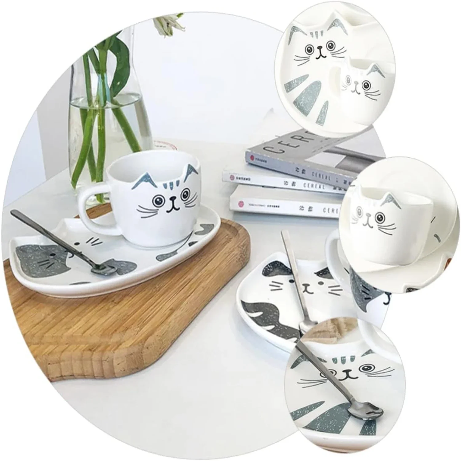 1 conjunto de canecas inovadoras de gato de cerâmica tamanho infantil - conjunto adorável e fofo de xícara de chá e pires para o escritório - Delicioso Dri