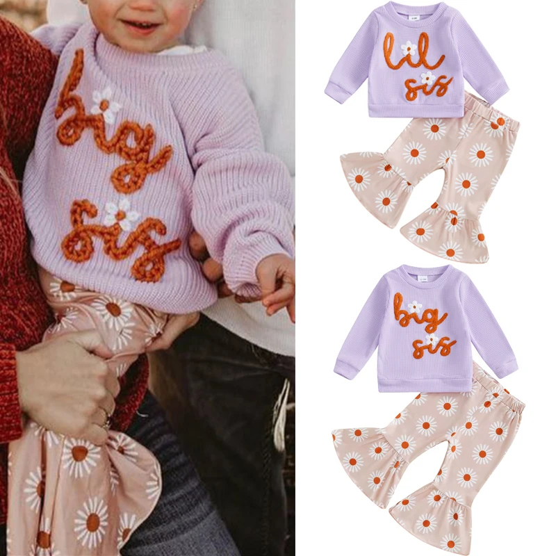 FOCUSNORM 0-6Y مطابقة شقيقة الخريف الاطفال الفتيات الملابس مجموعات إلكتروني التطريز طويلة الأكمام البلوز الأزهار طباعة مضيئة السراويل #1