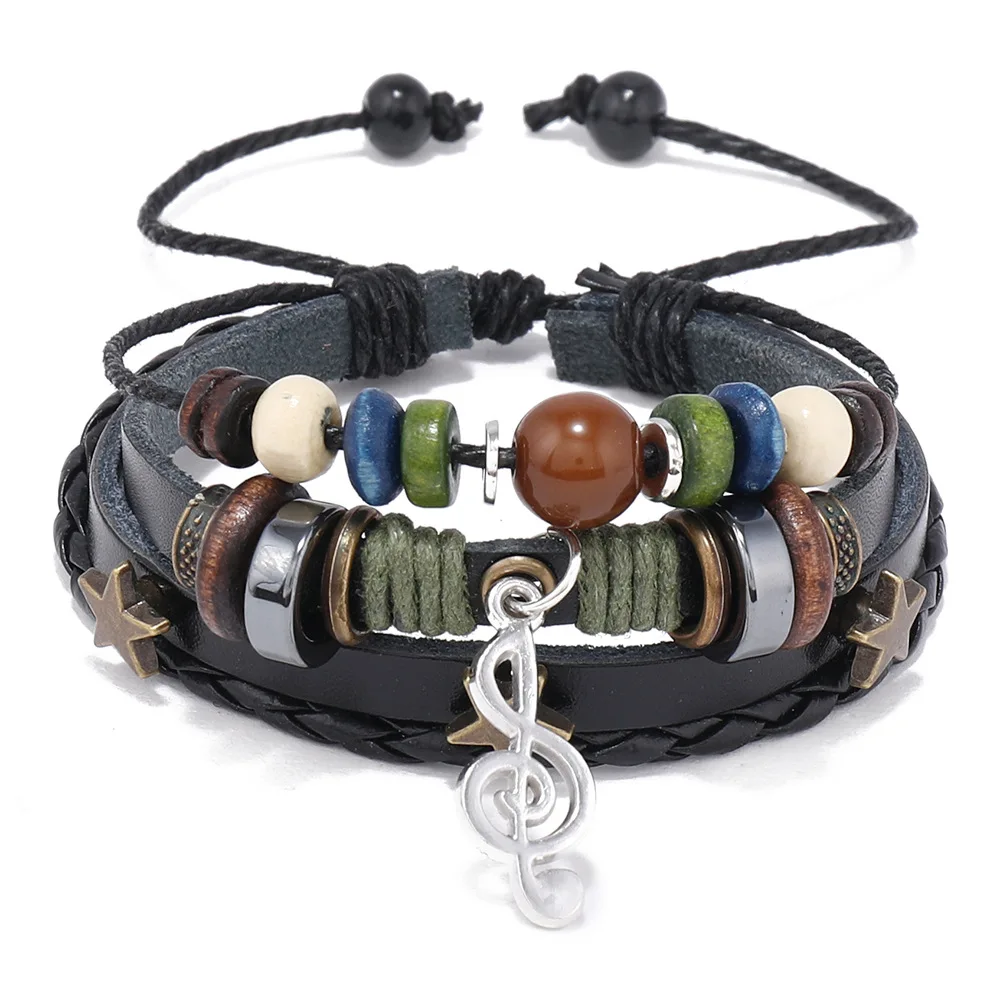 Adjustable Trendy Musical Note Wood Beads Niche Design Leather Gypsy Hippie Bracelet Hand Rope Braided Bracelet Men Bracelet