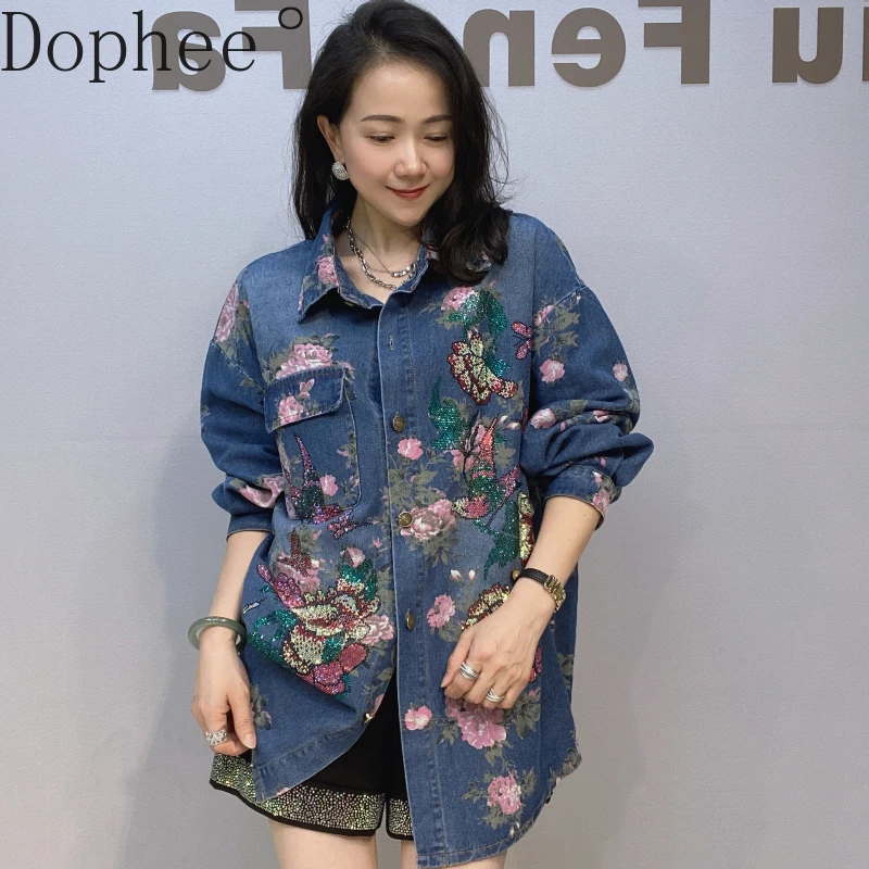 

Fashion Spring Autumn Denim Shirts Women Hot Drilling Flowers Printing Loose Cardigans Coat Mid-length Long Sleeve Jean Blouses
