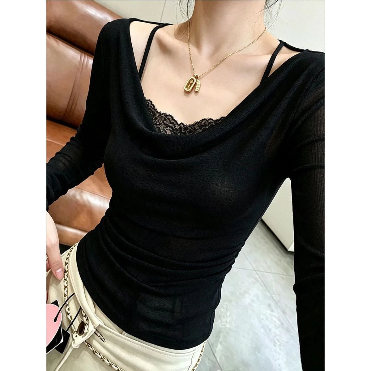 Slim Fit Long Sleeve T-Shirt Women's Spring Autumn New Lace Splicing Slimming Base Layer Top French Style Regular Sleeve Othe...