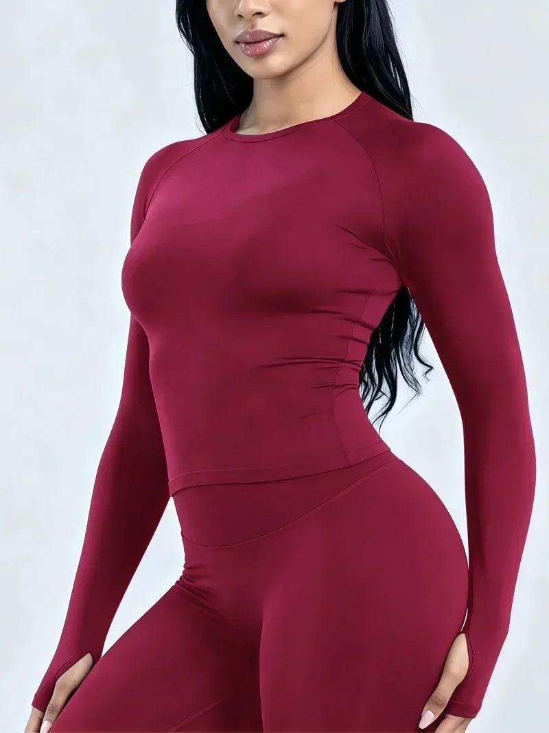 Damen Gym Top Nahtloses Defy Langarm-Oberteil Rundhals Yoga Workout Kleidung Slim Fit Laufbluse Sport Fitness Shirt – Detail 24