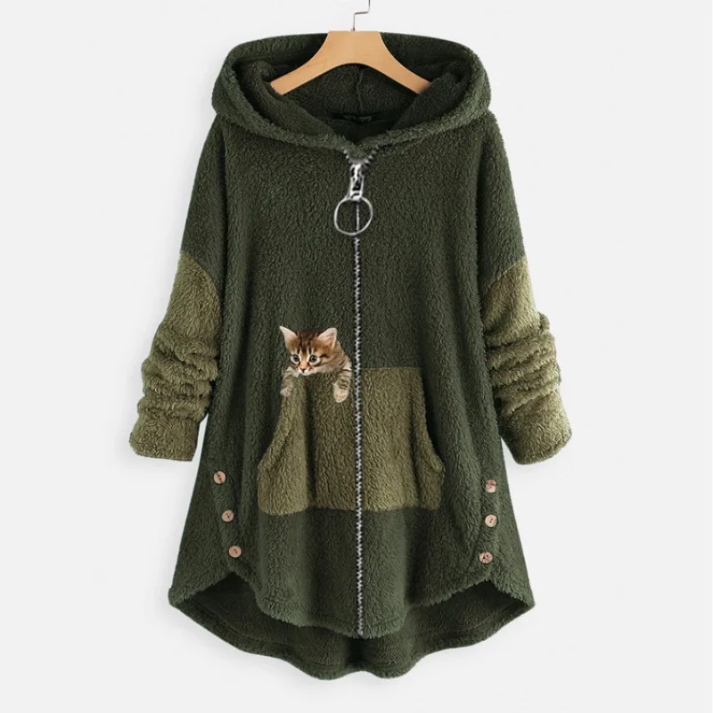 

Loose Fit Hooded Jaet Large Size Sweatirt Outerwear Street Sle Zipper Closure Long Sve Mid-Length Oversized Coat