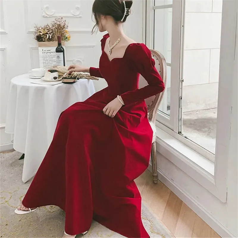 Dress Spring Autumn New Solid Color Square Collar Bubble Sleeve Stitching A Line Long Skirt Temperament Women\'s Clothing M089