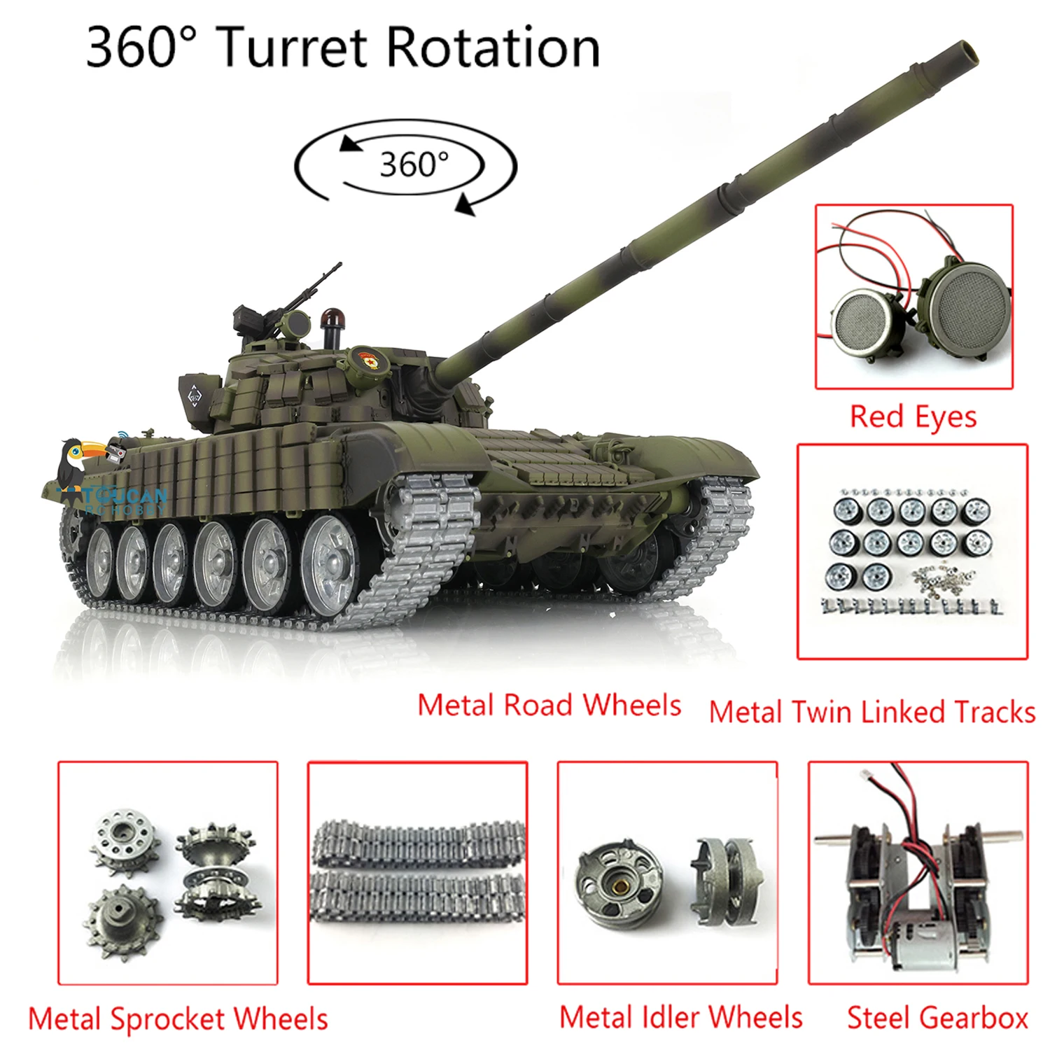 Pro Ver Heng Long T72 RC Tank 3939 360° Turret 1/16 TK7.0 Metal Tracks Linkages Red Eye Wireless Tracked Army Toys BB TH20577