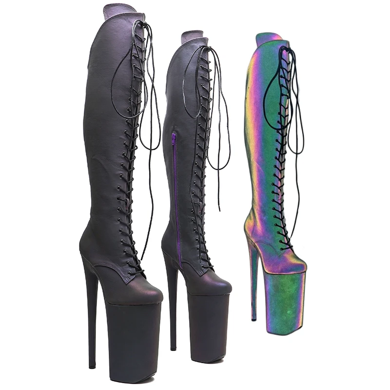 Leecabe 26CM/10inches Reflect Light Holographic PU Fashion Platform Stripper Heel High Heel Pole Dance Boots