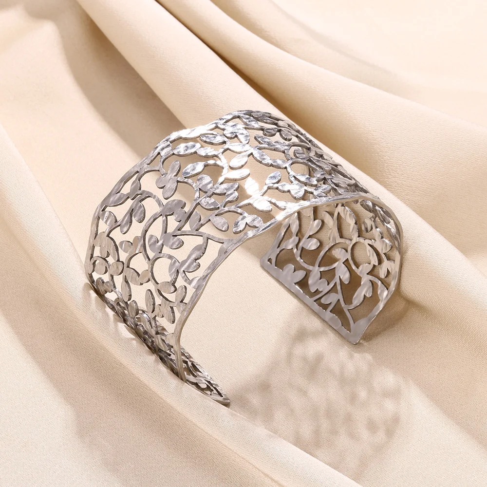 Stainless Steel Foliage Bracelets For Women Vintage Hollow Wide Bracelet Aesthetic Cute Geometry Jewelry Punk Christmas Gift New