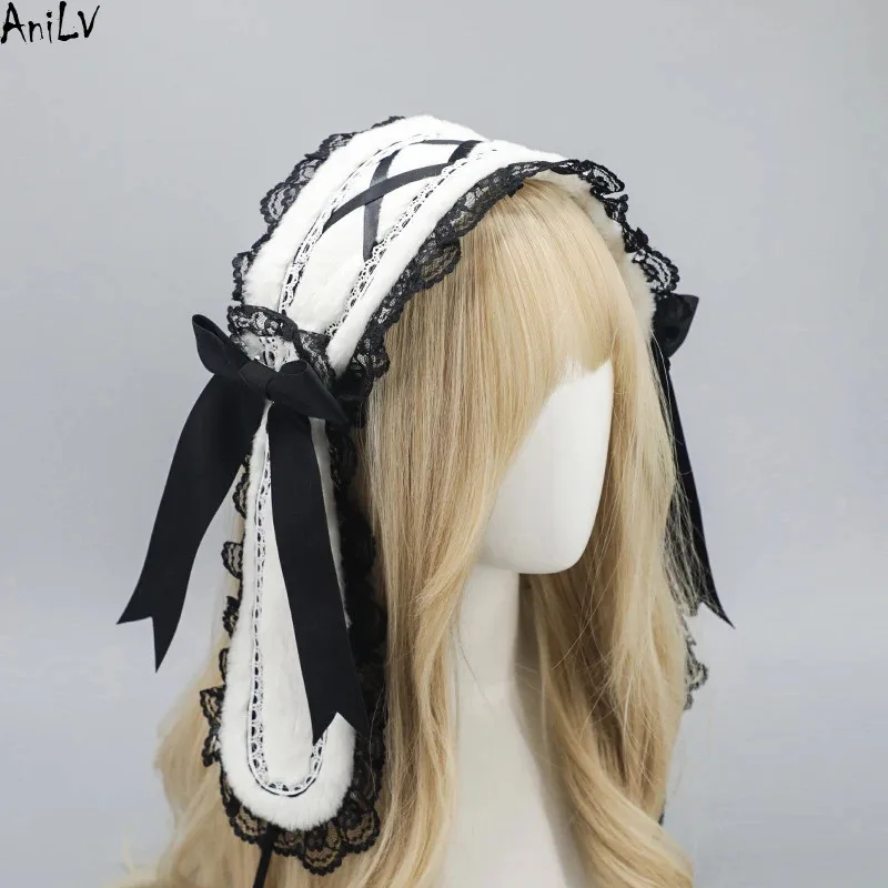 

AniLV Lolita Girl Village Bunny Maid Lace Headwear Cute Sweet Rabbit Ears Easter Cosplay