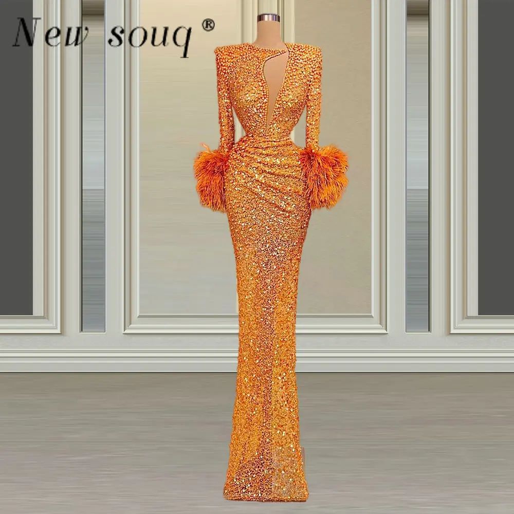 

Orange Pearls Feathers Long Sleeves Mermaid Evening Dresses Sequins Prom Gowns Custom Made Formal Party Vestidos De Soiree