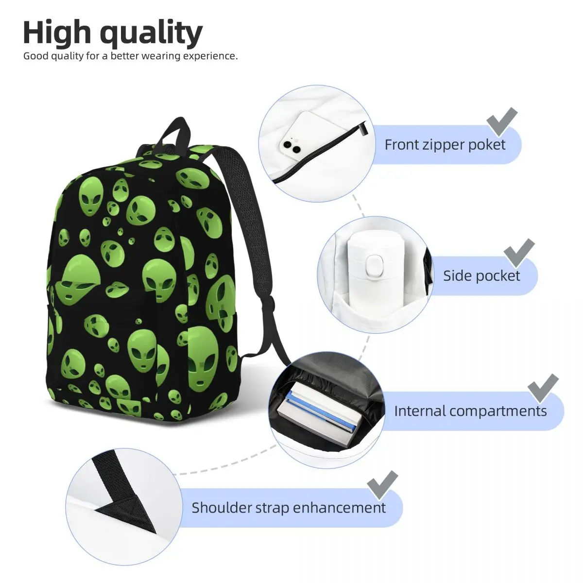 Green Aliens Backpack Student Boys Girls BookBag Kids School Bag Laptop Shoulder Bags for Men Women