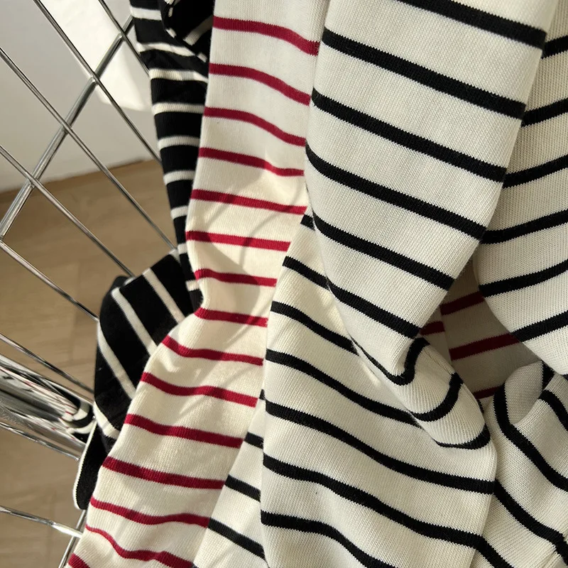 2024 New Women Spring Striped T Shirts Women O-Neck Long Sleeve Black White Color Tees Tops For Women Casual Clothes