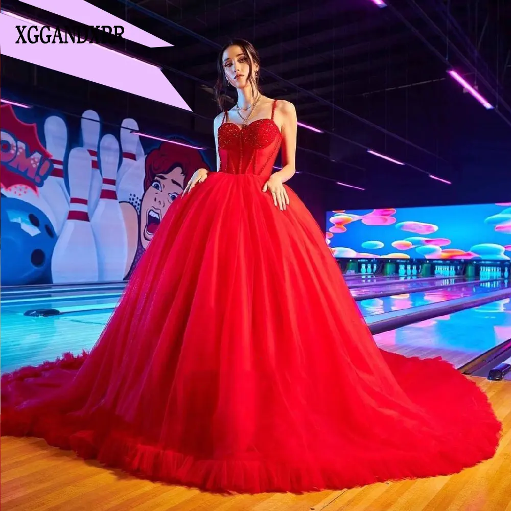 Red Spaghetti Strap Ball Gown Quinceanera Dresses 2024 Beading Corset Backless Princess Vestidos De 15 Años Birthday Party Miss