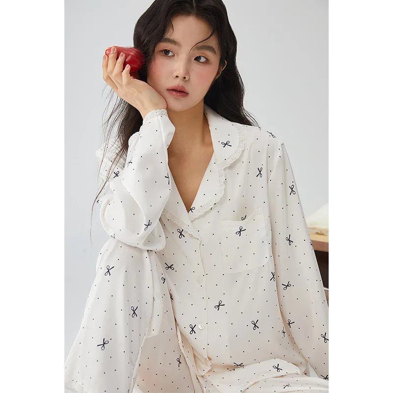 

Spring Women's Sleepwear Cotton Lace Bow High-end Home WearLoose and Comfortable Can Be Worn Outside