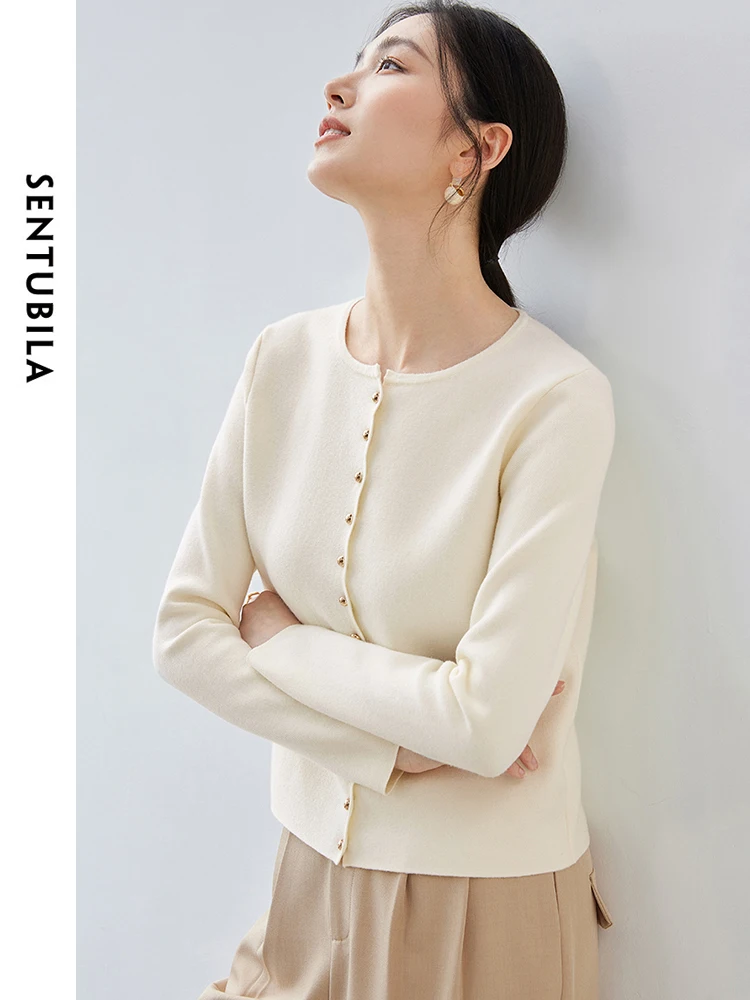 SENTUBILA Women Simple Knitted Pullovers 2024 Spring Autumn Wave Edge O Neck Metal Single Breasted Elegant Tops W43H56369